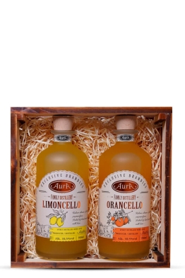 Aura Limoncello & Orangello liqueur, wooden gift box
